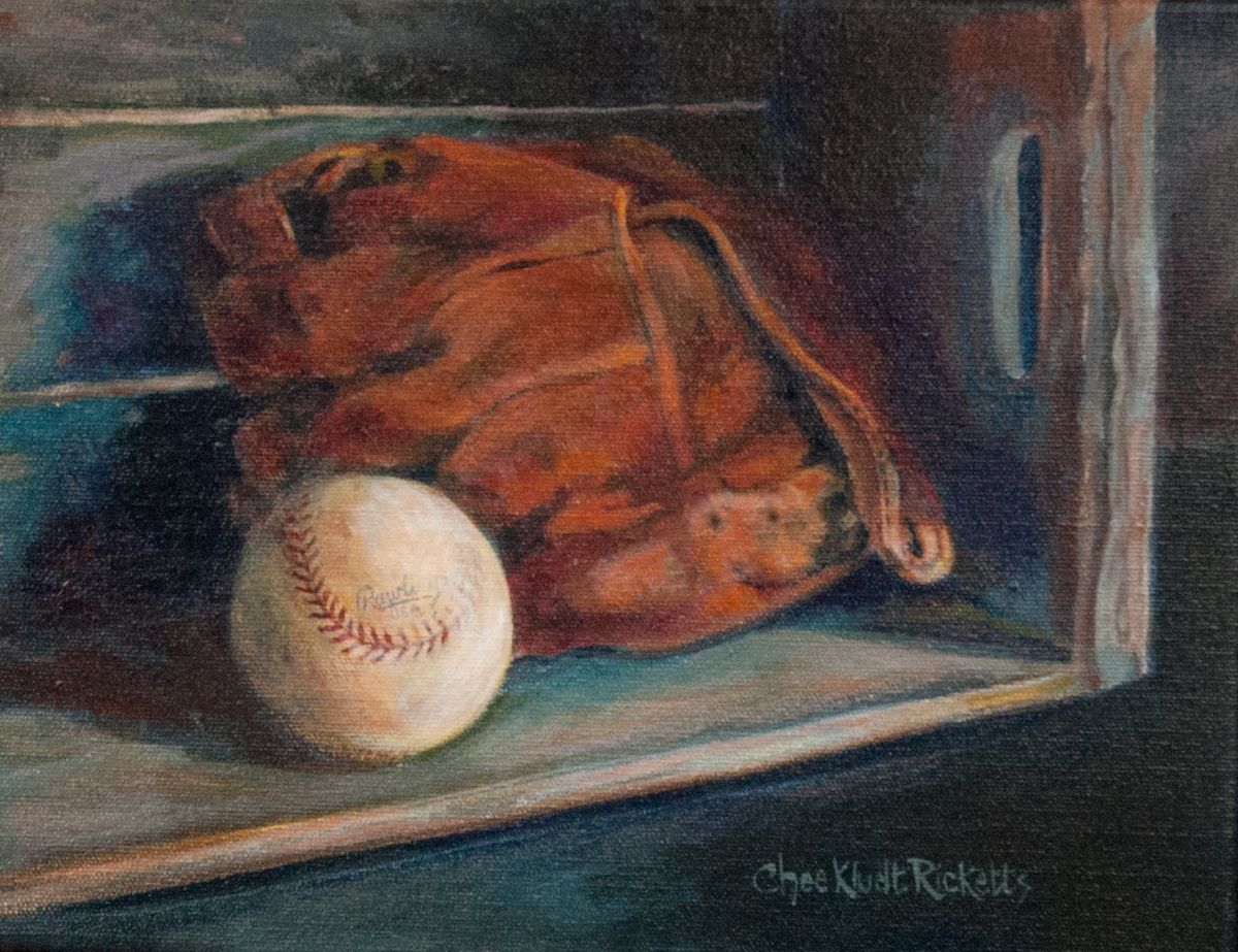 Acrylic on canvas. 12"w x 9"h. Framed. Old softball and glove sit on wooden shelf.